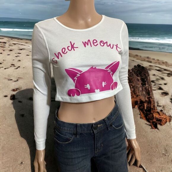Reworked “ Check Meowt “ Thermal Crop Top XS - Picture 1 of 5